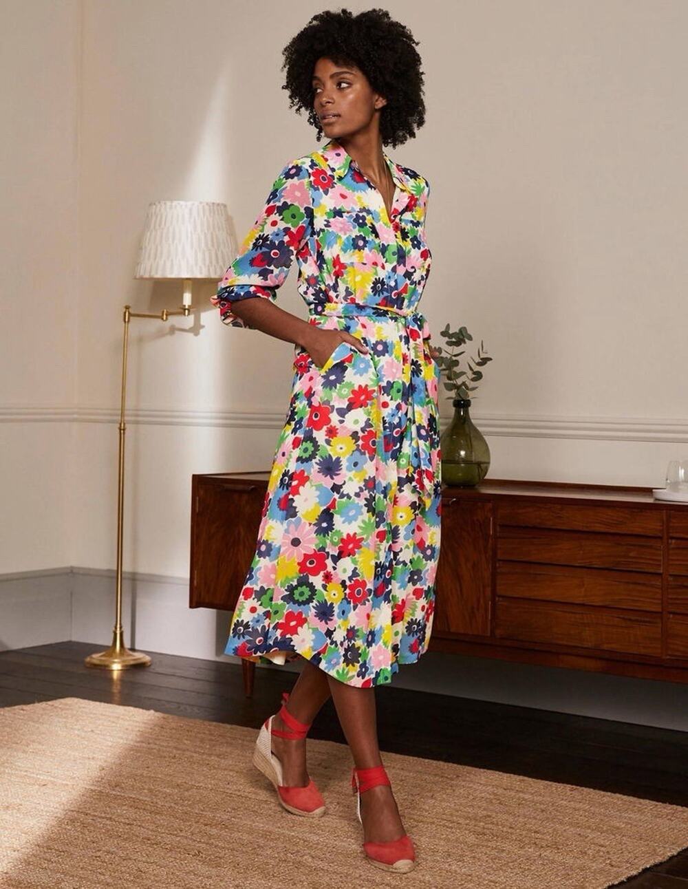 Boden Abigail Midi Shirt Dress Multicolor Floral Belted Size 12